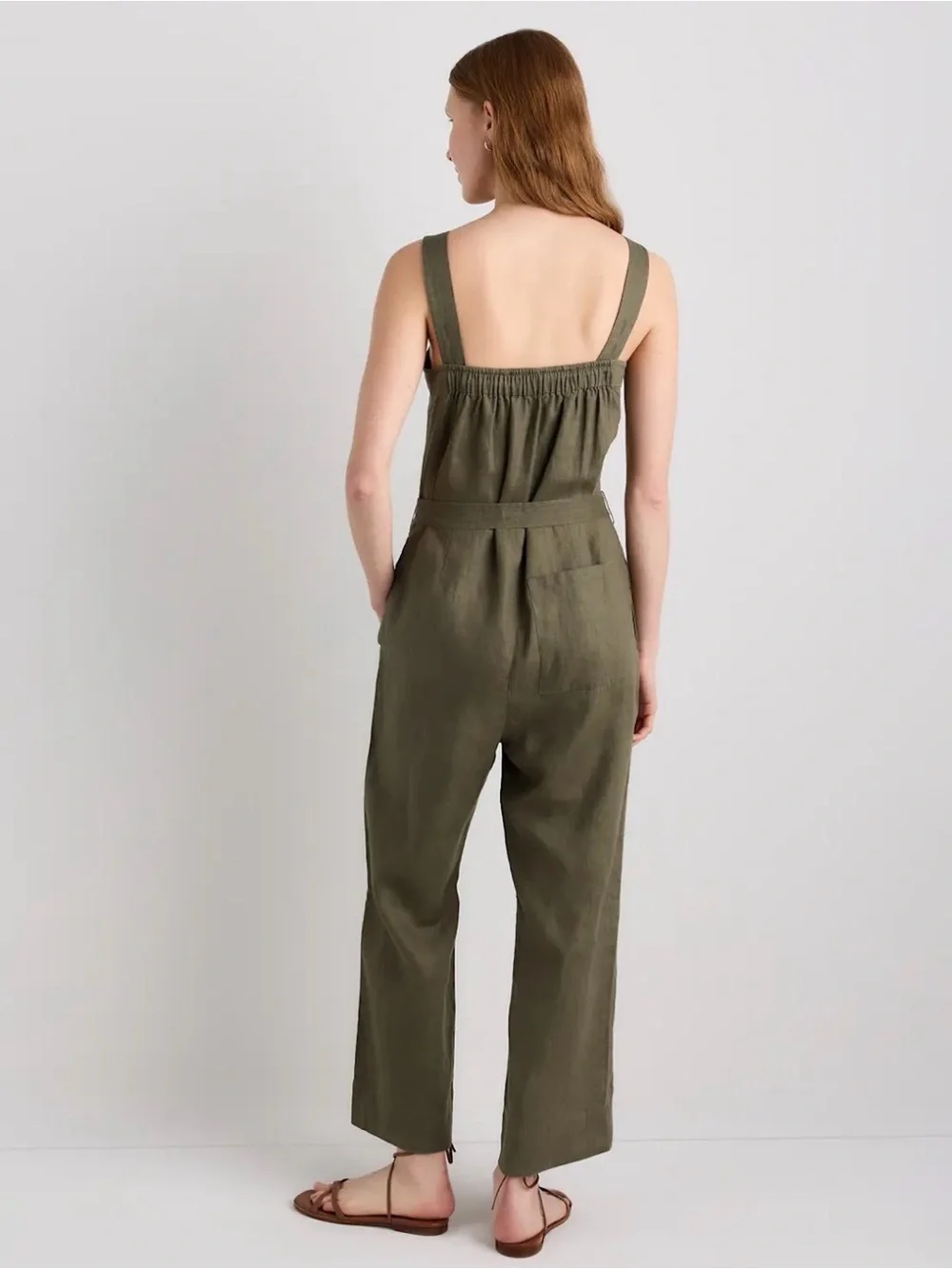 Quince 100% European Linen Square Neck Jumpsuit Bayberry Olive